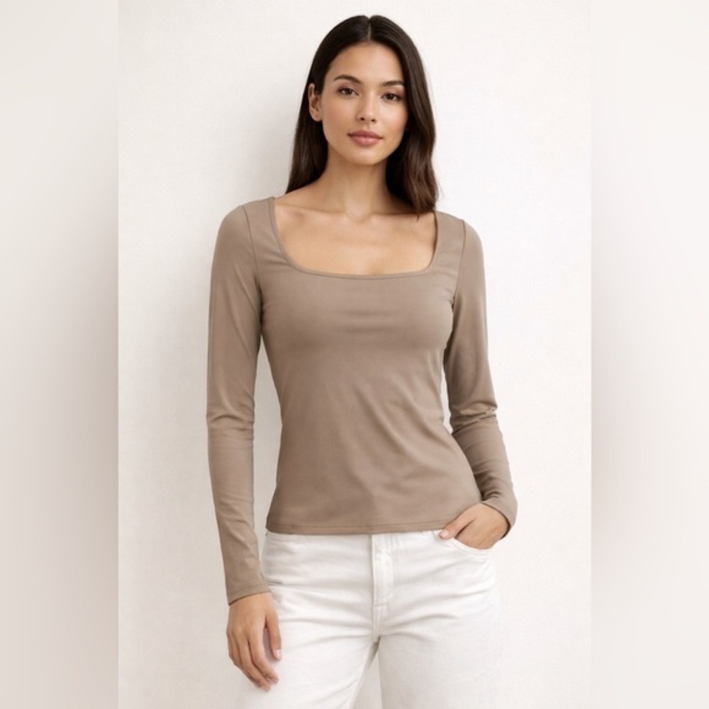 Sundays Tan Stretch Long Sleeve Top Square Neck Fitted Minimalist Neutral Size M
